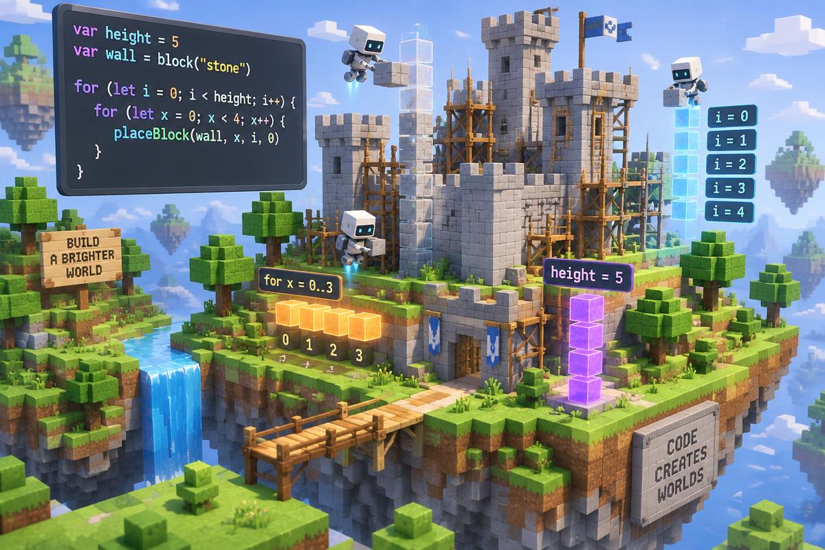 Monde de blocs construit par du code : boucles et variables expliquées aux enfants en cours de programmation au Maroc
