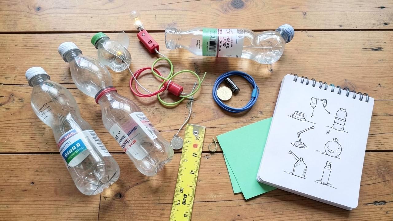 Matériel simple pour activités STEM à la maison : bouteilles recyclées, pile, LED, règle et carnet — ateliers enfants Tétouan et Martil